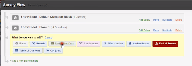 Screenshot showing how to select 'Embedded Data' from the dropdown menu in Qualtrics Survey Flow