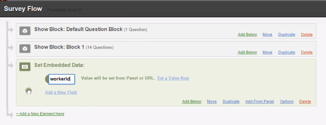 Screenshot showing how to type 'workerId' into the embedded data field in Qualtrics