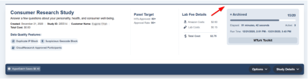 Study card with blue highlight indicating the study has been completed