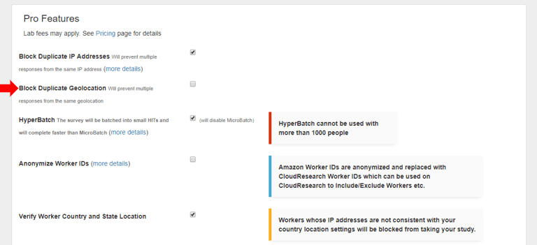 Screenshot of CloudResearch's Block Suspicious Geolocations tool interface showing the option to block submissions from suspicious locations