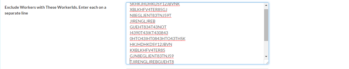TurkPrime interface showing the Exclude Workers feature with options to exclude workers by Worker ID or by previous HIT participation
