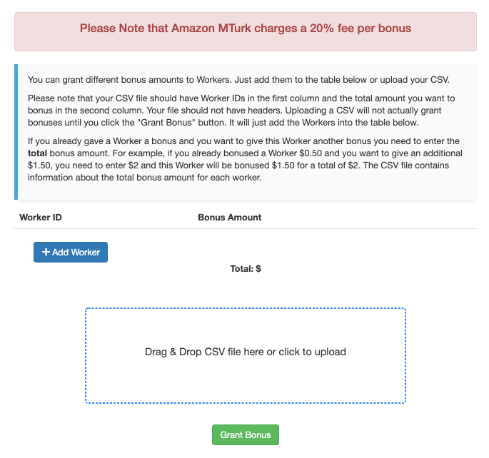 CloudResearch's bulk bonus payment interface showing options to add workers individually or upload a CSV file containing Worker IDs and corresponding bonus amounts