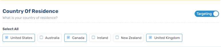 Connect platform country targeting interface showing checkboxes for selecting specific countries including Australia, Canada, Ireland, New Zealand and United Kingdom