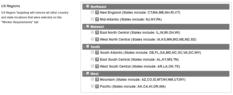 Screenshot of the US Regions selection interface in CloudResearch where researchers can target participants from specific regions corresponding to time zones